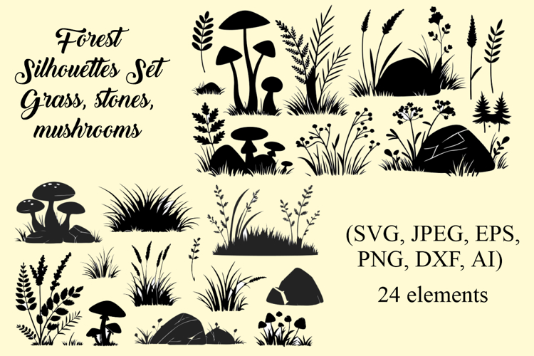 Forest Silhouettes Set: Grass, Stones & Mushrooms Clipart