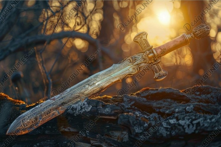 Enchanted sword in mystic forest at sunset example image 1