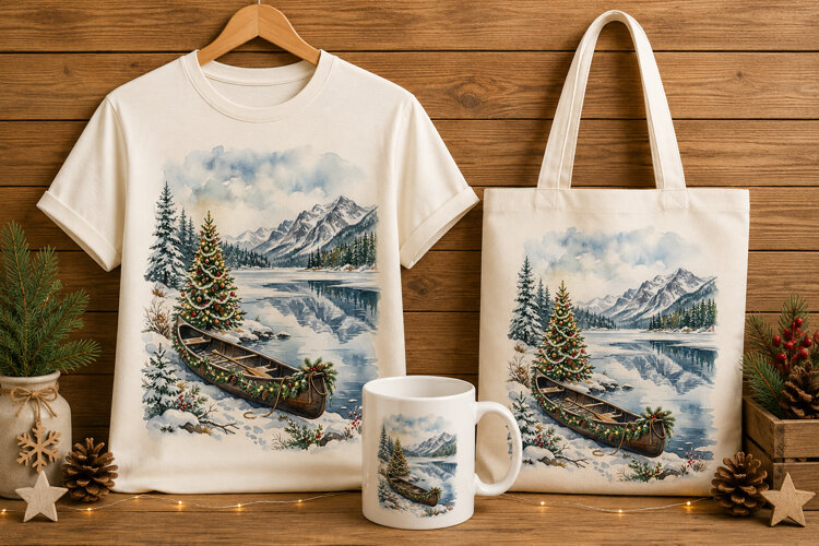 Canoe by Snowy Lake with Christmas Tree Art Print example image 1