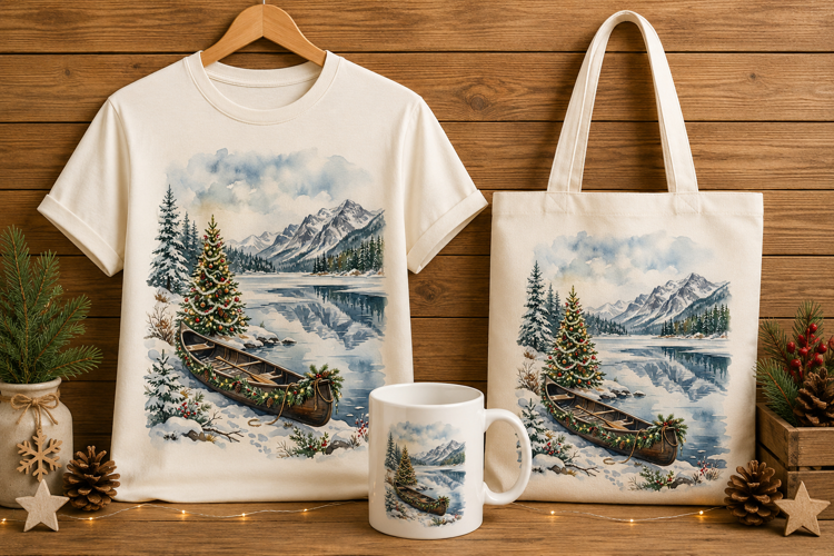 Canoe by Snowy Lake with Christmas Tree Art Print