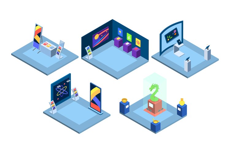 Exhibitions isometric vector illustrations set example image 1