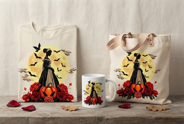 Elegant Halloween Lady Silhouette PNG | Gothic Pumpkin example image 1