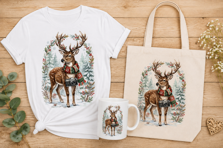 Watercolor Reindeer with Vintage Camera Christmas Design