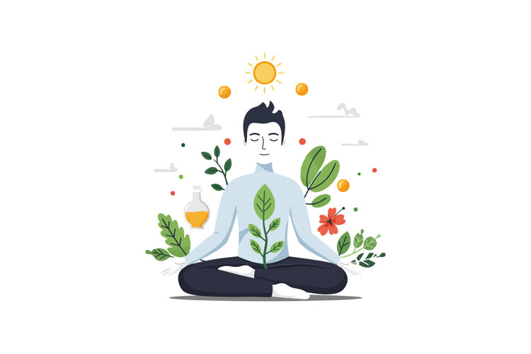 A serene man sitting cross-legged in a meditative pose surro example image 1
