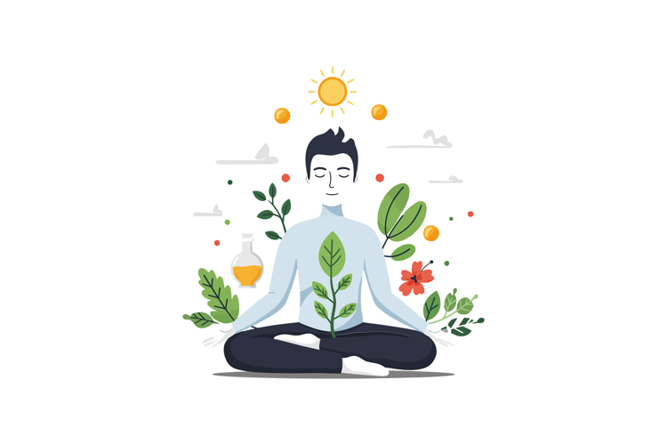 A serene man sitting cross-legged in a meditative pose surro