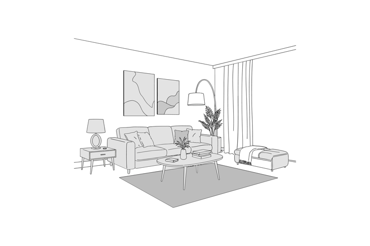 Cozy living room scene featuring a modern sofa, stylish deco