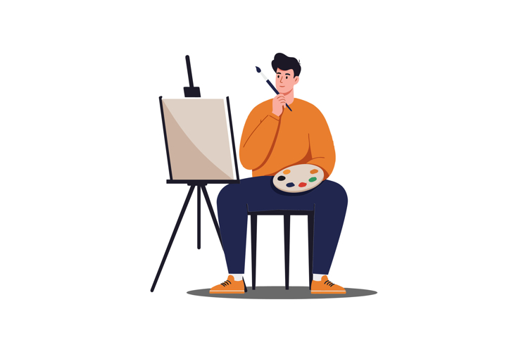 Artist sitting on a chair holding a palette with colors whil