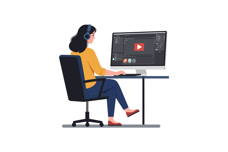 A young woman sitting at a desk, focused on video editing in example image 1