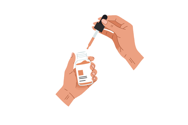 Hands holding a dropper above a small bottle in a minimal fl