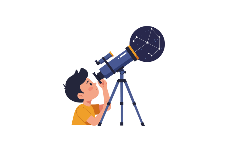 A young boy observing the stars through a telescope in a pla