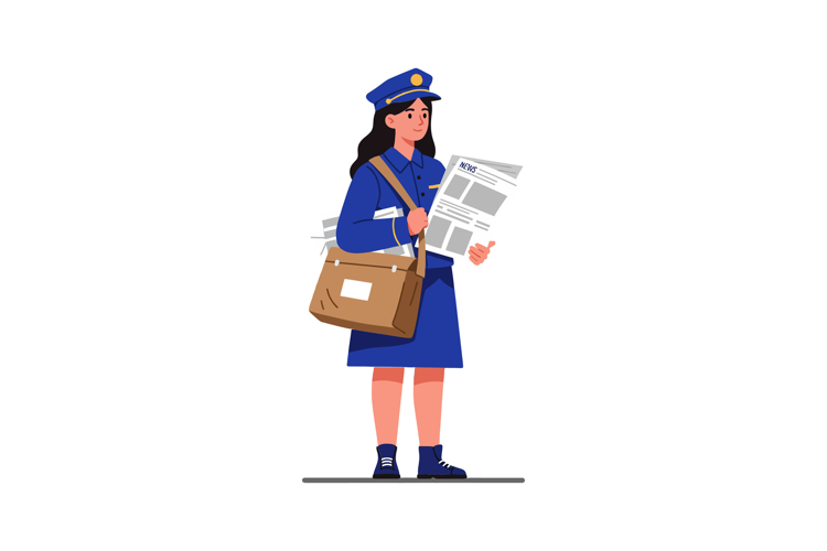 A postal worker in a blue uniform carrying newspapers and pa