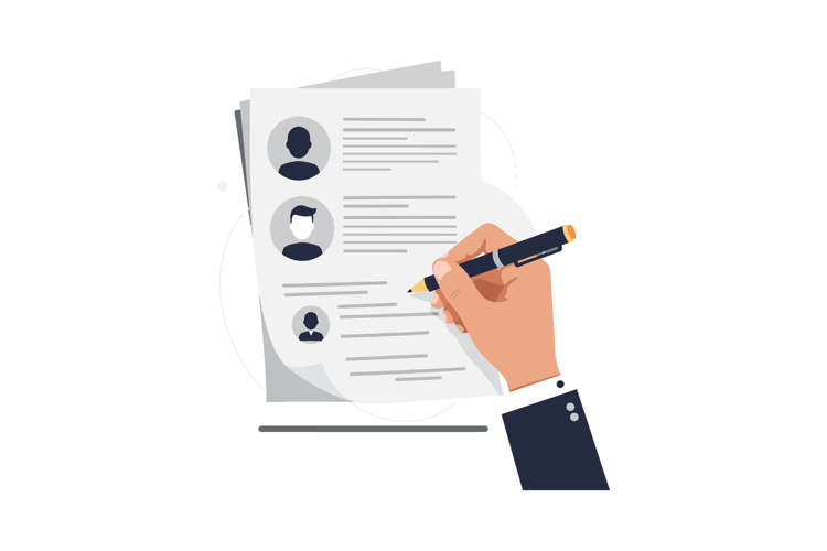 Hand writing on a resume with profile outlines in a flat des