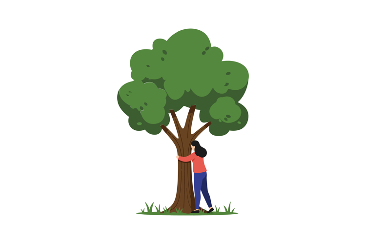 A woman embracing a green tree in a lush, minimal landscape