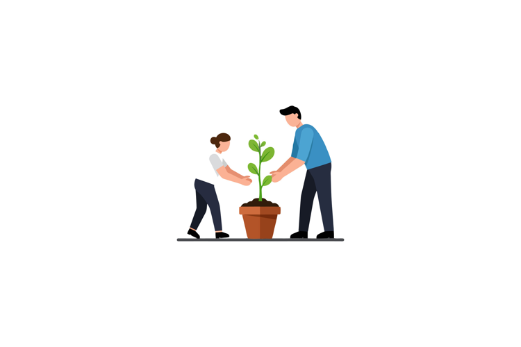 Two individuals nurturing a young plant together in a colorf
