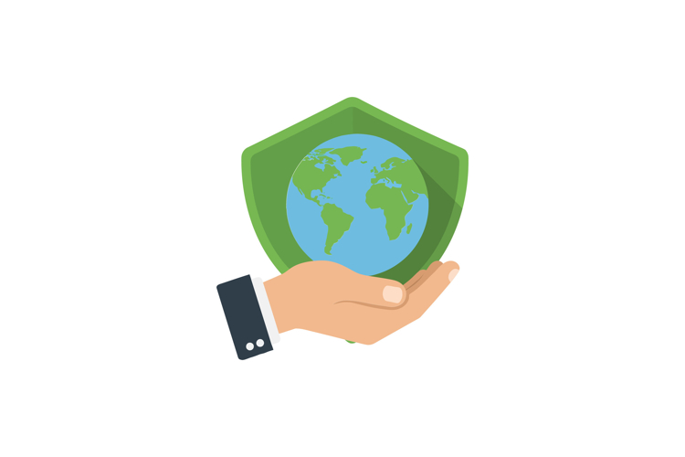 Hand holding a green shield with a globe symbolizing environ