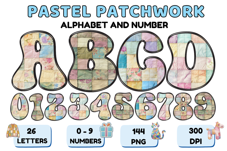 Pastel Patchwork Alphabet Numbers PNG Doodle Letters Clipart