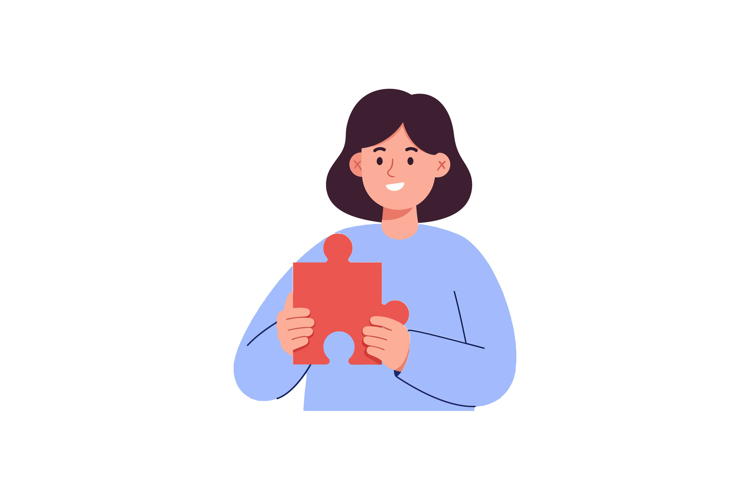 Smiling woman holding a red puzzle piece in a flat, cheerful