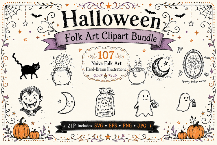 107 Spooky Halloween Naive Folk Art Illustrations