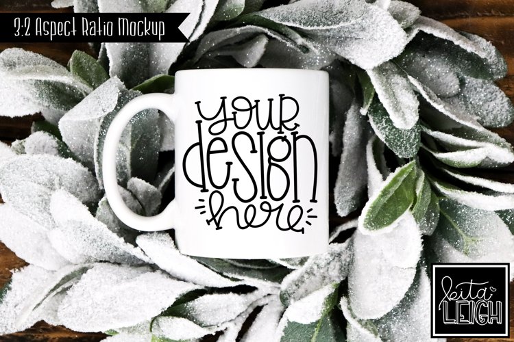 11 oz Mug Mockup with Snowy Wreath | Stylized Photo