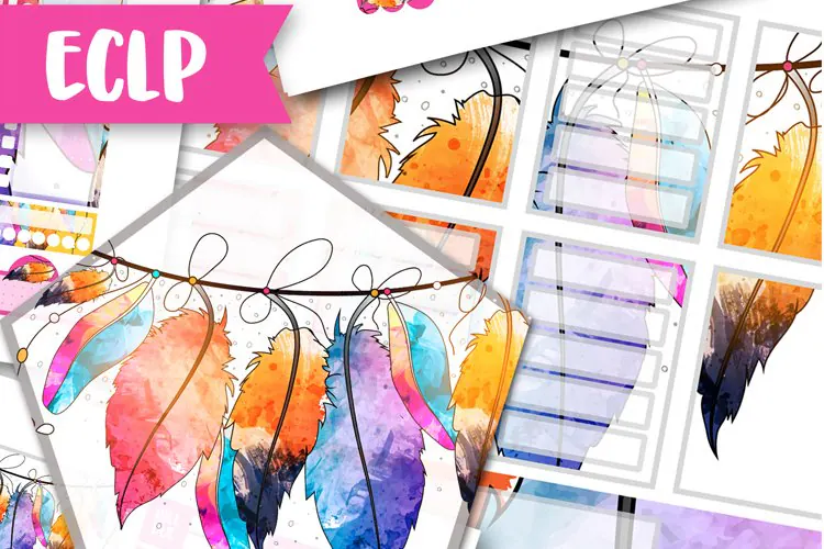 Watercolor Feathers Boho Printable Life Planner Stickers