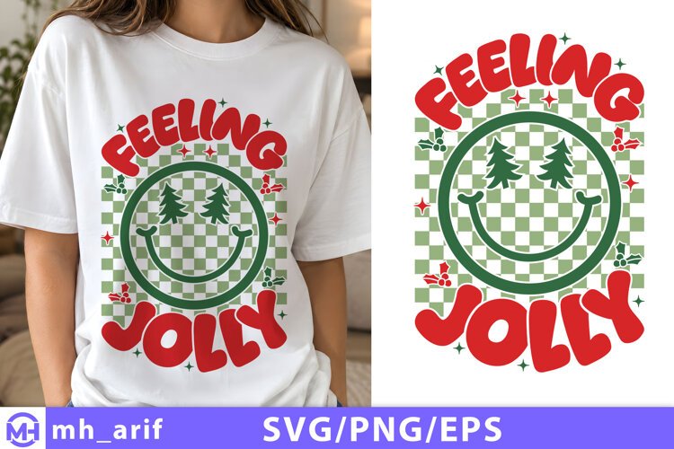 Feeling Jolly Christmas SVG PNG Retro Smiley Face Holiday example image 1