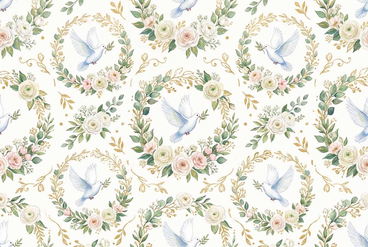 Watercolor seamless pattern with white doves floral wreaths