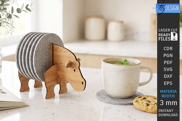 3D Animal Felt Coaster Holder Laser Cut | Hippopotamus Laser example image 1