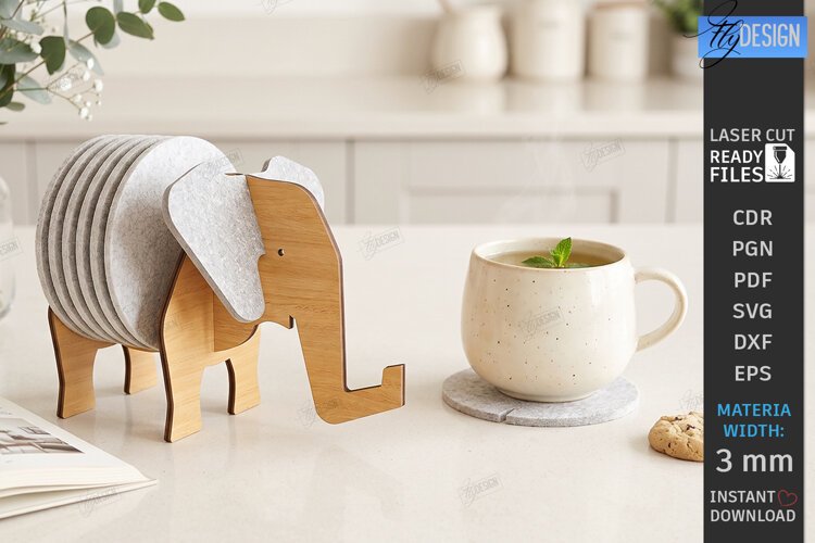 3D Animal Felt Coaster Holder Laser Cut | Wooden Elephant example image 1