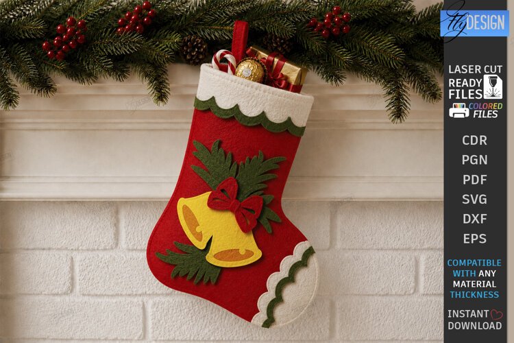 Felt Christmas Stocking | Decorative Christmas Sock | Bells example image 1