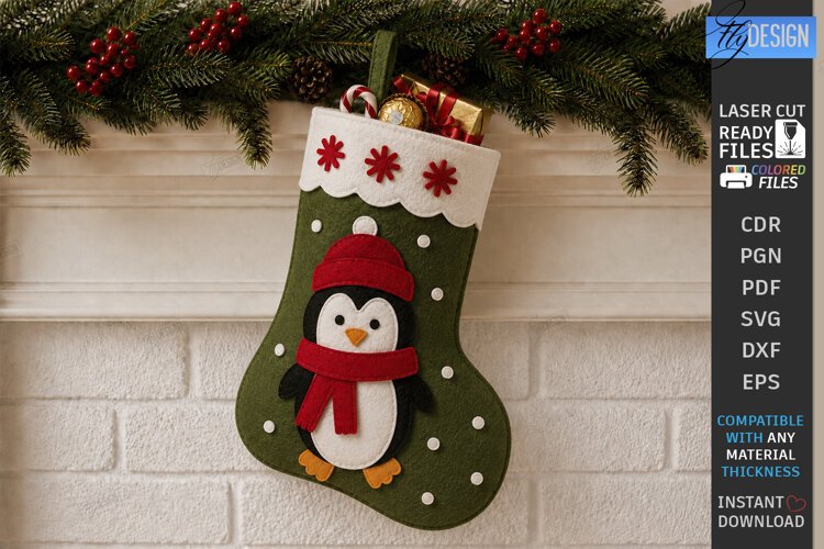 Felt Christmas Stocking | Decorative Christmas Sock |Penguin example image 1