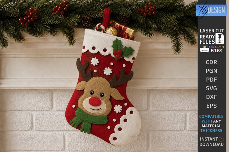 Felt Christmas Stocking | Decorative Christmas Sock | Deer example image 1