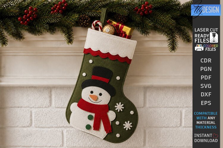 Felt Christmas Stocking | Christmas Felt Sock | Snowmen SVG example image 1