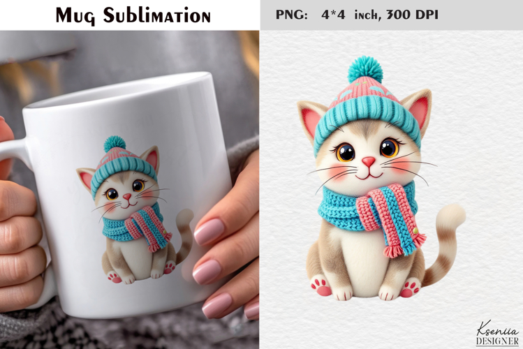 Pastel Felted Funny Cat|Cute Merry Christmas Mug