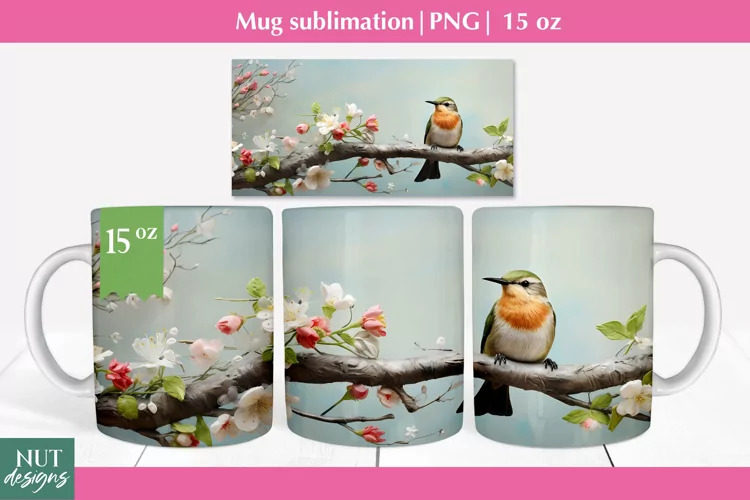 Felted 3d mug wrap, Spring Bird mug sublimation, Mug 15oz