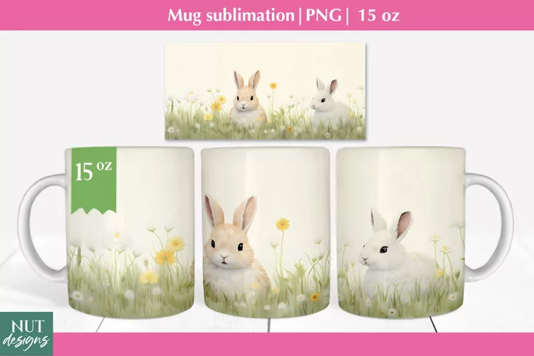 Felted 3d mug wrap, Spring bunny mug sublimation, Mug 15oz