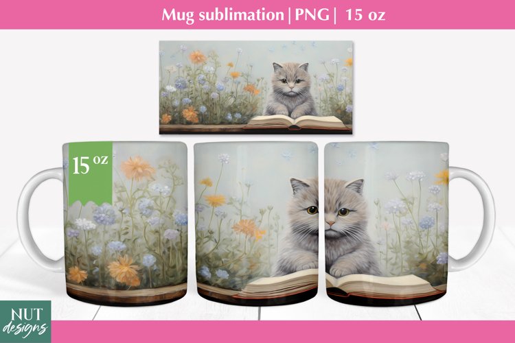 Felted 3d mug wrap, Cute Cat book mug sublimation, Mug 15oz example image 1