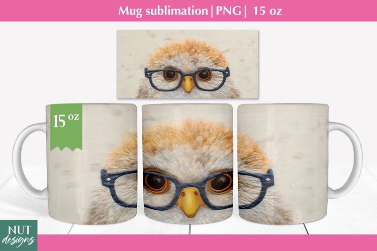Felted 3d mug wrap, Owl & glasses mug sublimation, Mug 15oz