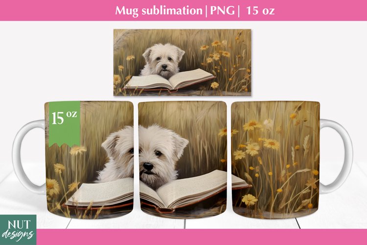 Felted 3d mug wrap, small dog & book mug sublimation