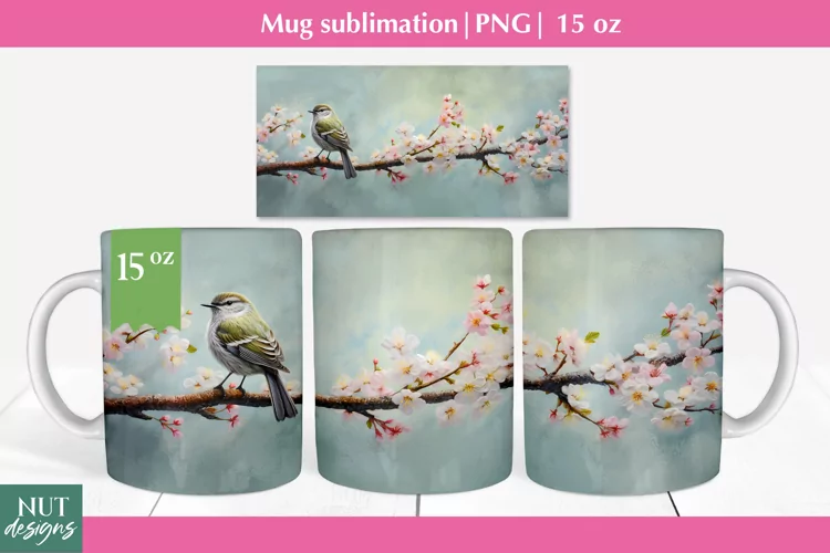 Felted 3d mug wrap, Spring Bird mug sublimation, Mug 15oz