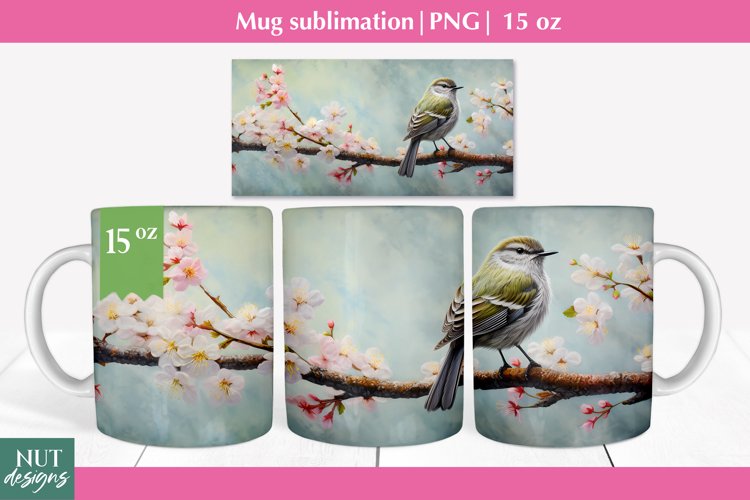Spring Bird mug sublimation, Mug 15oz, Felted 3d mug wrap example image 1