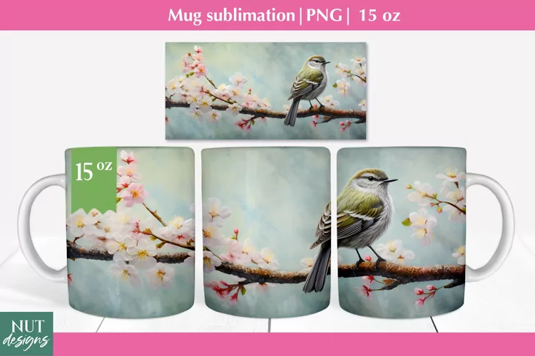 Spring Bird mug sublimation, Mug 15oz, Felted 3d mug wrap