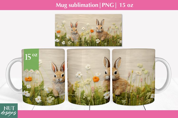 Felted 3d mug wrap, Spring bunny mug sublimation, Mug 15oz example image 1