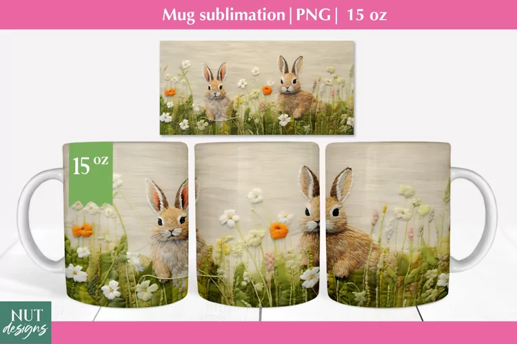 Felted 3d mug wrap, Spring bunny mug sublimation, Mug 15oz