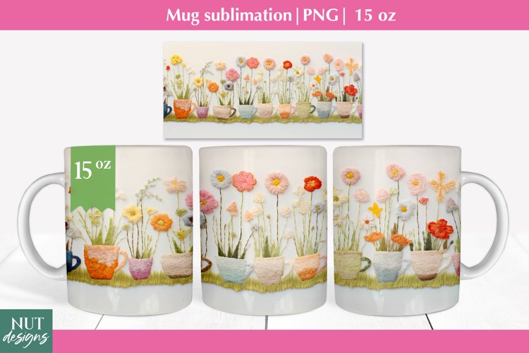 Felted 3d mug wrap, Floral mug sublimation, 15oz Mug wrap example image 1
