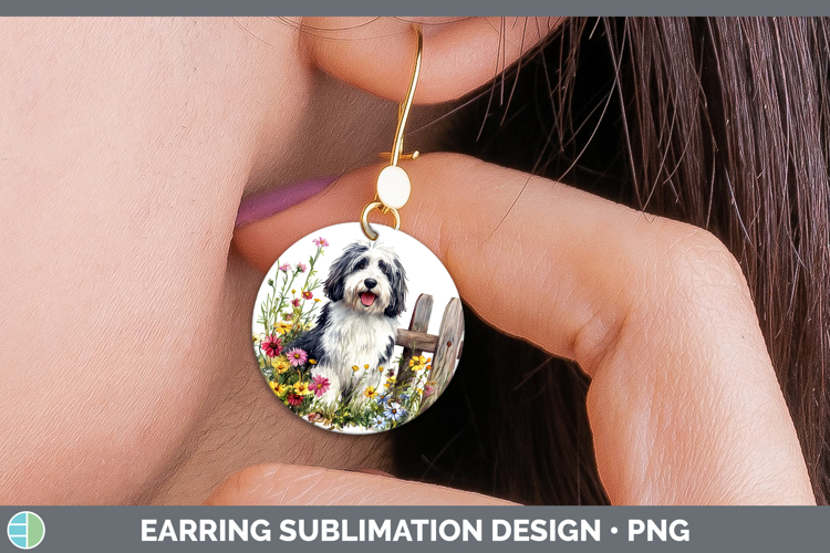 Fence Dogs 01 Old English Sheepdog Round Earrings Sublimatio