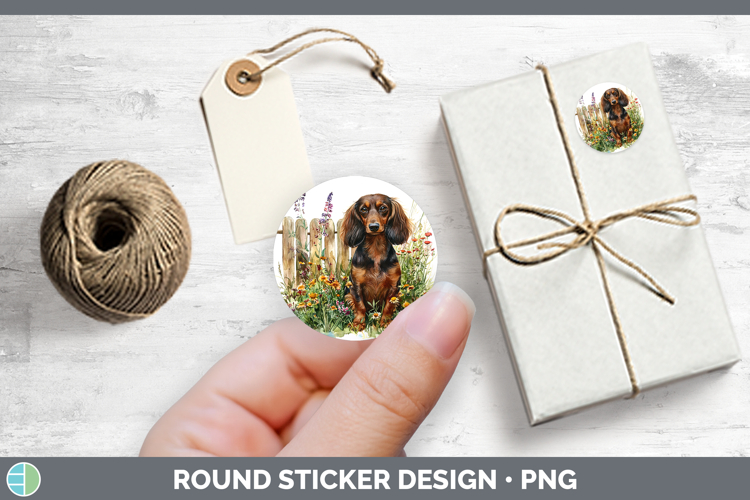 Fence Dogs 04 Long-haired Dachshund Stickers | Round Labels