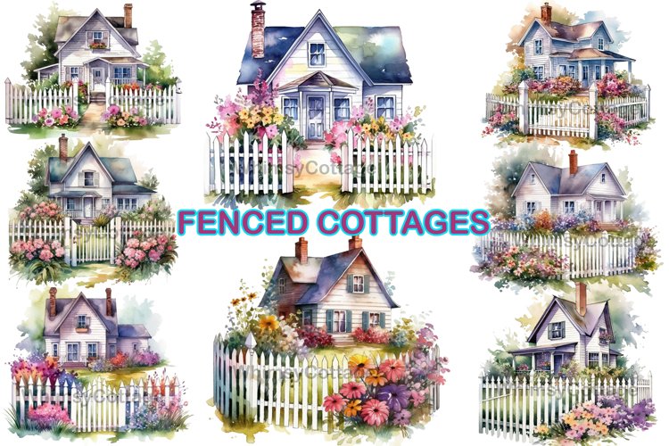 Watercolor Floral Fenced Cottages, 8 Farmhouses Sublimation