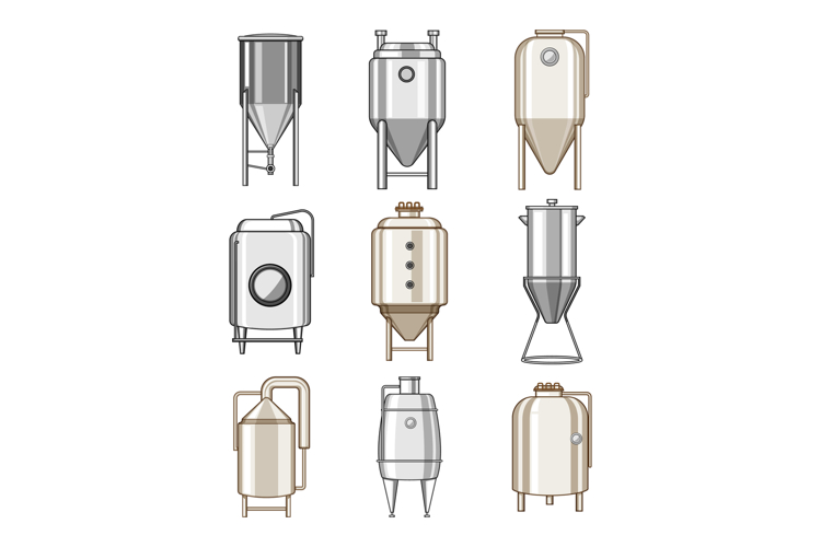 Fermentation tanks collection showing various brewery vessel