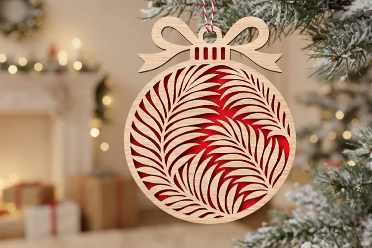 Fern Bauble Laser Cut Wood File, Christmas Ornament SVG