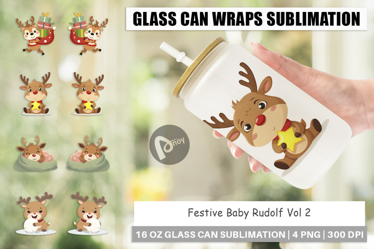 Glass Can Festive Baby Rudolf